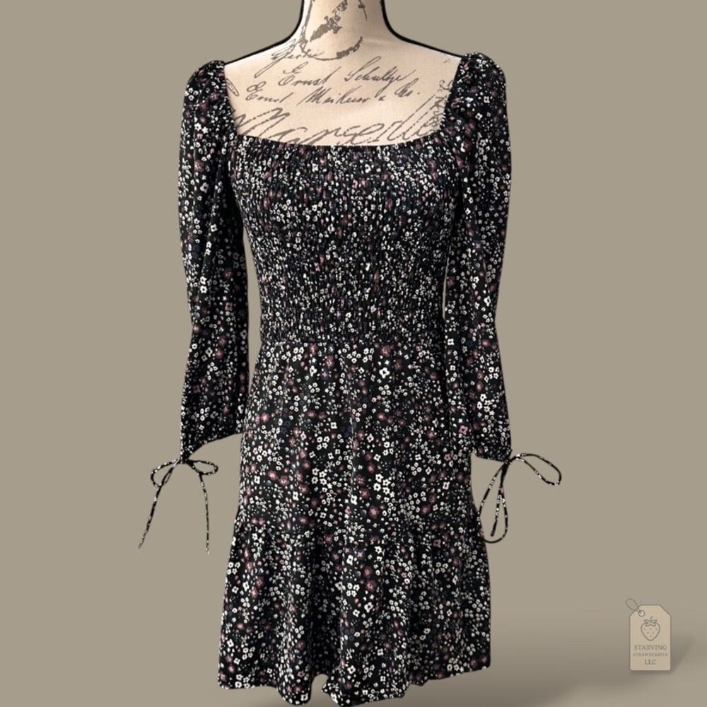 Topshop Floral Smocked Mini Dress | Black White & Pink US 4
